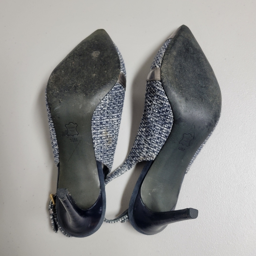 Tory Burch Tweed Metallic Bow Detail Pointy Toe Sling Back Heels. - Picture 6 of 16